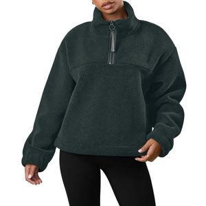 Veste polaire pour femme à demi-zip en sherpa vert forêt, chaude pour l'hiver, vert foncé, en peluche, vêtement d'extérieur décontracté, sweat-shirt en polaire - Product Image 1