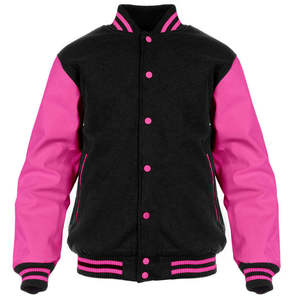 Wholesale High School Varsity Jacket Black <b>Wool</b> Hot <b>Pink</b> Leather Sleeves College Baseball jacket for men - Product Image 5
