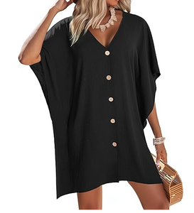 Vestido Midi holgado con cuello en V y botones negros para mujer con mangas cortas y dobladillo recto Elegante ropa de playa Estilo túnica - Product Image 1