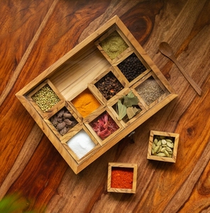 Medley of Masalas 12 Container Modern Design Dust Resistant Brown Teak Wood <b>Spice</b> Box with Spoon - Product Image 6