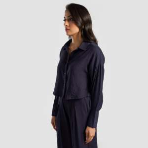 Chemise boutonnée en popeline bleu marine Luna, élément de mode simple - Product Image 3