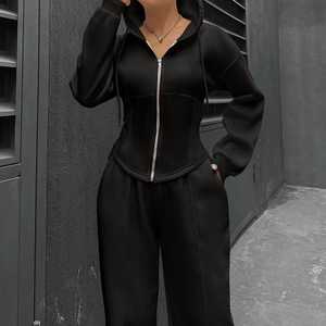 New Fashion Two-Piece <b>Set</b> For Women Color Block Long Sleeve Zipper Jacket And Stacked Sweatpants Full Length Women's <b>Sets</b> - Product Image 5