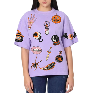 Venta caliente cuello redondo Camiseta para mujer Halloween Scary Pumpkins tema personalizado lentejuelas trabajo hecho a mano transpirable-disponible - Product Image 2