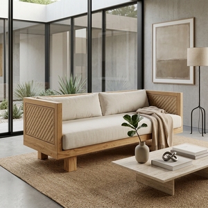 Our Modern Furniture Aswattha Visionary Solid Wood Double Sofa Elegant Woven Rattan Panel Loveseat For Living Room Setup Art - Product Image 2