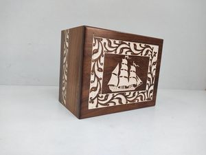Wooden Urn <b>For</b> Human Urn <b>Ashes</b> Storage <b>Box</b> Boat Engraved Border Carved White Antique Design Keepsake Cremation Urn Best Gifting - Product Image 5