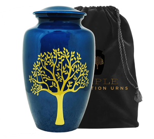 Urnas de cremación artesanales Urna de diseño de árbol de la vida Urna conmemorativa azul y dorada con tapa segura y bolsa de terciopelo - Product Image 1