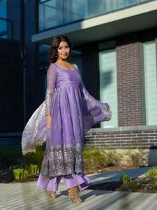 Designer Intricate Thread With Sequence Work Fandy Silk Anarkali <b>Top</b> With Bottom And Dupatta Fully Stitched Ready To Wear Set - Product Image 3