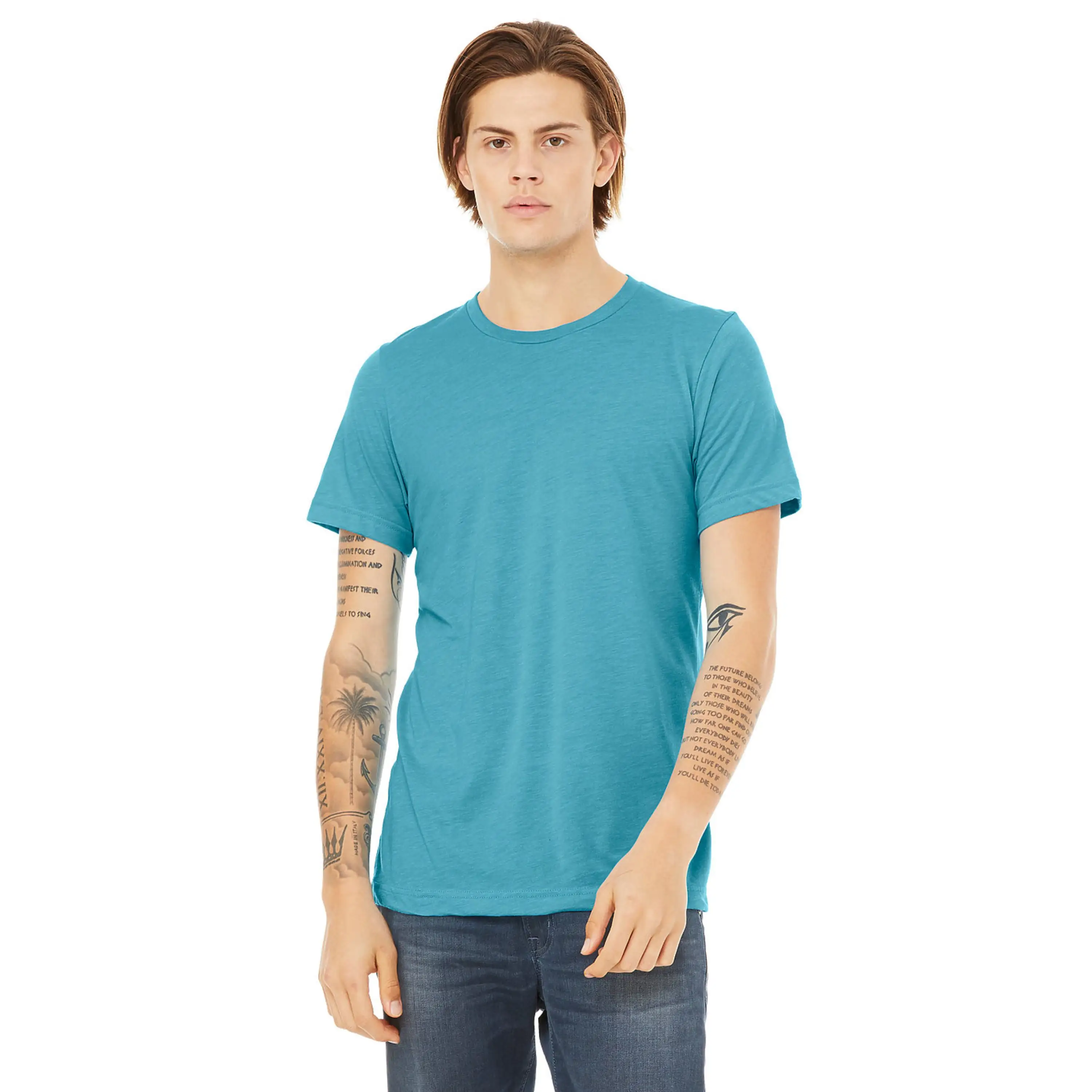 50% Poly 25% Airlume Combed and Ring Spun Cotton 25% Rayon 40 Single 3.8 oz Aqua Unisex Short Sleeves T-Shirt