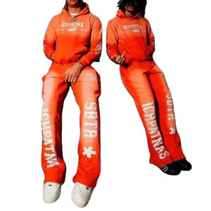 Ensemble sweat-shirt et pantalon de survêtement unisexe en coton d'hiver écologique vintage délavé à l'acide avec fermeture éclair et coupe évasée, impression sérigraphique personnalisée du logo - Product Image 1