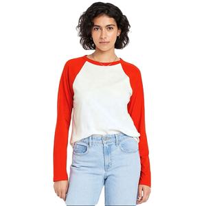 Private Label Raglan Long Sleeve <b>T</b>-<b>Shirt</b> White Body with Red Sleeves Lightweight Breathable Cotton Blend <b>Ladies</b> <b>T</b> <b>Shirt</b> - Product Image 6