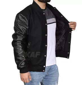black <b>Wool</b> and <b>White</b> Genuine Leather Sleeves with Hoodie Letterman Baseball - Product Image 3