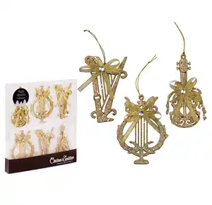 OEM ODM 4 Inch Glittered Gold Musical Ornaments Musical Instruments Ornaments Guitar/Harp/Lyre Set Of 6 Gold