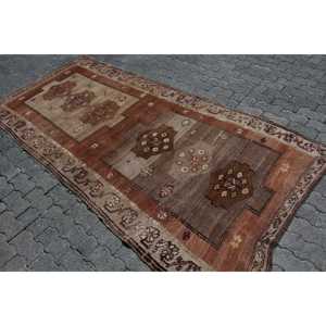 Vintage Area Rug 4.4x8.9 ft, Turkish <b>Brown</b> Floral <b>Wool</b> Rug - Product Image 3
