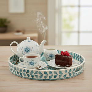 Plateau de service rond en nacre de 12,6 cm avec poignées, plateau décoratif en bois de nacre pour table basse, motif floral turquoise - Product Image 3