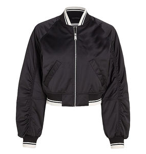 Chaqueta de satén personalizada de alta calidad para mujer, con bloques de color y cremallera, estilo Letterman - Product Image 1