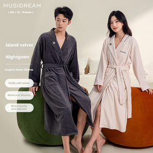 Camisón de terciopelo Island para invierno, largo, para parejas, bordado, de terciopelo coral, grueso, cálido, para el hogar - Product Image 1