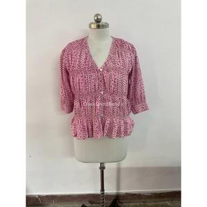 Femmes Style bohème été Mini robe 100% coton bloc rayure imprimé haut avec col en v à la main fête porter haut robe - Product Image 5