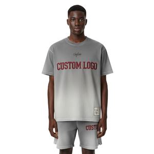 Camiseta personalizada con logo para hombre, estilo vintage, efecto desgastado por el sol, conjunto de pantalones cortos para hombre, conjunto de verano de camiseta de manga corta y pantalones cortos. - Product Image 1