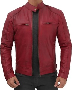 100% veste en cuir véritable coupe ajustée doublure respirante fermeture à glissière en gros hiver mode couleur rouge veste en cuir pour hommes - Product Image 4