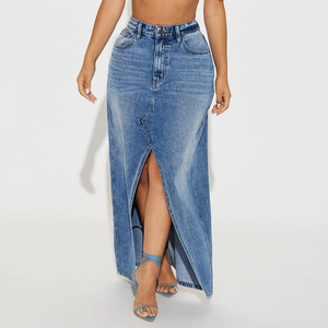 Nouvelle jupe Maxi en denim décontractée à la mode 5 poches fendue sur le devant/Jupe en jean personnalisée à taille haute pour femmes, délavée sur mesure, vente en gros - Product Image 3