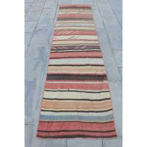 พรมวินเทจขนาด 2.3x8.8 ฟุต, พรมลายทางสไตล์ตุรกี, พรมขนสัตว์สีน้ำตาลแดงลายต้นไม้และพืช - Product Image 1