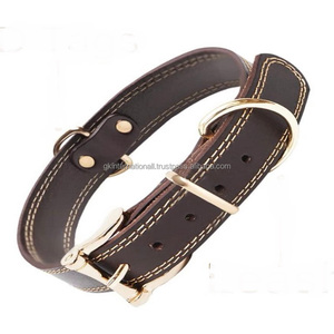 Collar de perro de cuero Premium marrón hecho a mano 100% ecológico genuino con costuras de doble borde en contraste y herrajes dorados - Product Image 6