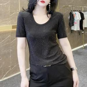 เสื้อคอกลมผู้หญิงสดใสติดเพชรเสื้อทรงเข้ารูปแขนสั้นเสื้อสำหรับผู้ไปทำงานอุตสาหกรรมหนักใหม่ฤดูร้อน - Product Image 5