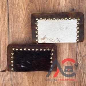 Portefeuille en cuir de vachette véritable fait main femmes portefeuille mince en cuir véritable fermeture éclair pochette sac à main vache impression sac à main portefeuille cadeaux pour elle - Product Image 1