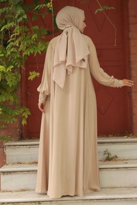 Abaya tendance pour femme, brodée, à manches plissées, col bateau, longueur ras du sol, en tissu doux, séchage rapide, respirante, légère, pour le quotidien et le bureau - Product Image 6
