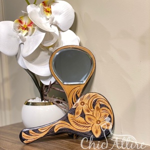 Espejo de mano de cuero genuino pintado a mano 2024, espejo de maquillaje de estilo occidental, espejo de diseño Vintage, regalo perfecto para esposa - Product Image 1