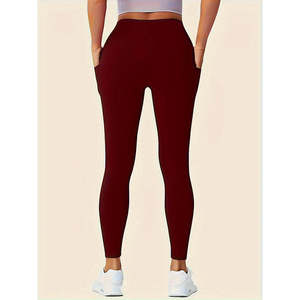 Leggings sculptants taille haute pour femme, couleur bordeaux unie, avec double poche, effet push-up, en tissu extensible confortable - Product Image 2