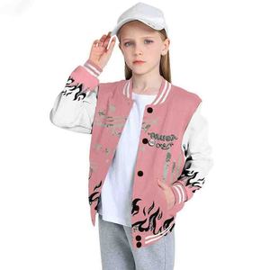Trust No One Varsity Jacket Blouson aviateur Letterman rose blanc avec design streetwear graphique flamme pour hommes et femmes - Product Image 2