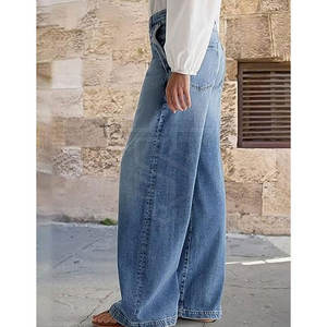 Pantalones vaqueros anchos transpirables para mujer al mejor precio, pantalones ajustados de cintura media, forro polar de algodón de estilo frontal plano para actividades al aire libre - Product Image 2