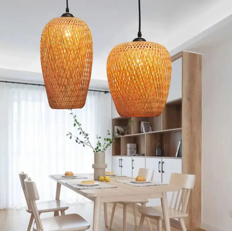 Minimal Bamboo Woven Kitchen Island Hanging Lamp Bamboo Drum Hanging Ceiling Lights Woven Chandelier Lamp Shades
