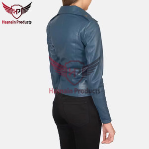 Womens Real Blue Leather Biker Jacket Asymmetric Zip Lapel Collar Sheepskin <b>Coat</b> <b>Zipper</b> Pockets Slim Fit Custom Outwear New Look - Product Image 5