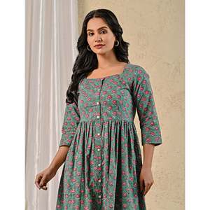 Robe en coton imprimée à la main motif floral vert, style décontracté avec col carré, taille naturelle, respirante, design personnalisé, tailles XS à 5XL - Product Image 1