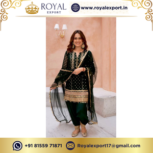 Ropa de fiesta de diseñador de color verde Faux Georgette con Secuencia de bordado colección de trajes Patiyala de Royal Export Surat - Product Image 3