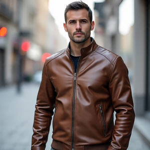 Veste en cuir à fermeture éclair OEM pour hommes, vestes en cuir à col rabattu vintage de style de rue personnalisées, manteau en cuir véritable pour hommes - Product Image 6
