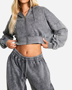 OEM/ODM Custom Printed Logo <b>3</b> <b>Piece</b> Acid wash <b>Women</b> Jogger Sets High Quality 100% Cotton Oversize Crop top <b>Women's</b> Tracksuit - Product Image 5