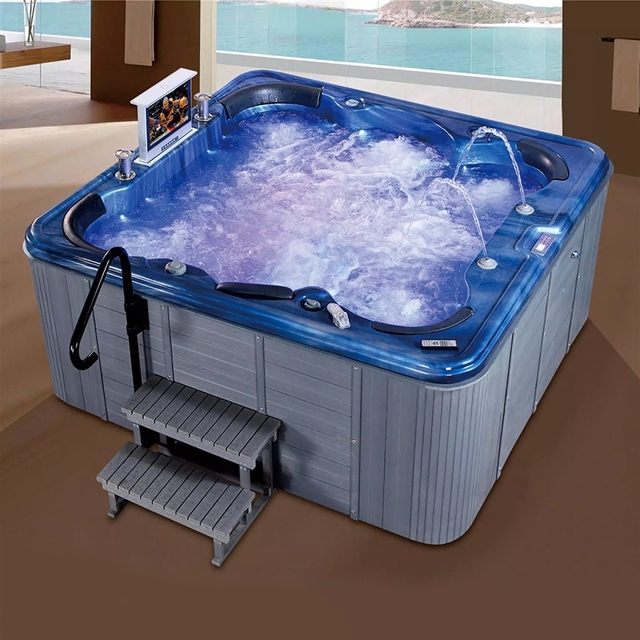 Smart Freestanding Outdoor Whirlpool Spa Tub TV LED Lighting Ergonomic Seats 40 Adjustable Jets Step Access Villa Drainer