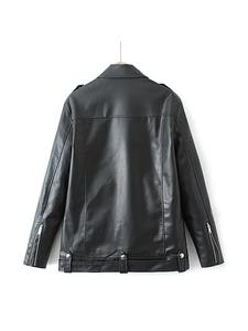 แจ็กเก็ตหนัง PU สำหรับผู้หญิง, แจ็กเก็ตมอเตอร์ไซค์ทรงหลวมแขนยาวดีไซน์ยาวยาวปานกลางเสื้อแจ็คเก็ตหนังถัก - Product Image 6