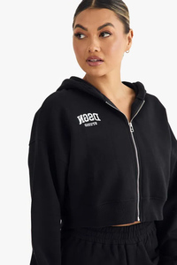 Sudadera con capucha con cremallera negra única para mujer con diseño de cultivo cuadrado y logotipo frontal bordado con hombros caídos antiarrugas y transpirable - Product Image 6