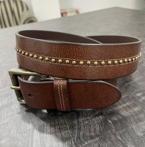 Vintage Brown Leather Belt <b>for</b> <b>Men</b> with Brass <b>Stud</b> Detailing & Antique Metal Buckle - Product Image 2