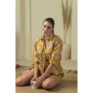 Conjunto de Dos Piezas de Lino con Estampado de Hibisco, Estilo Acampanado, Largo por Encima de la Rodilla, Color Sólido, Talla XS a XL para Verano - Product Image 1