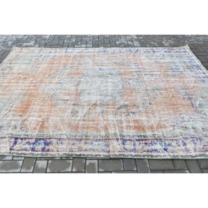 Vintage Rug, 6.2x9.4 ft Large Rug, <b>Brown</b> Blue <b>Wool</b> Rug - Product Image 3