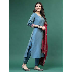 Women's Blue <b>Silk</b> Embroidery Anarkali <b>Kurta</b> Pant with Dupatta Indian Salwar Kameez Pakistani Style for Party Wear - Product Image 2