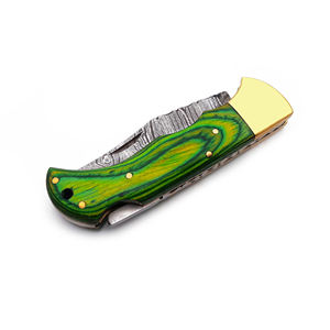 Navaja de Bolsillo Plegable de Acero de Damasco Hecha a Mano de Alta Calidad, Mango de Madera Verde, Bloqueo Trasero de Latón, Funda de Cuero, Personalizable para Caza - Product Image 2
