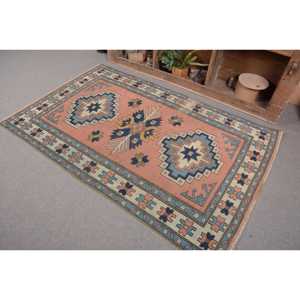 Tapis Vintage Turc Bohème Rose Bleu 4.2 X 6.3ft Grande Surface Patchwork Design Laine Latex pour Couloir Chambre Chambre Tapis De Chevet - Product Image 3