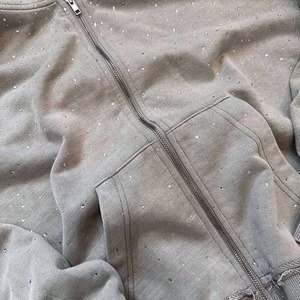 Sudadera con Capucha Unisex Extra Grande con Cierre, Estilo Vintage, Lavado Ácido, Pedrería, Cristales Brillantes, Diseño Desgastado - Product Image 5