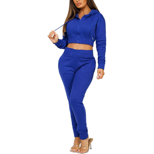 Ensemble de survêtements coupe-vent bleu à blocs de couleur pour femmes Logo personnalisé grande taille Crop Tops Hoodies en gros pour l'été - Product Image 3